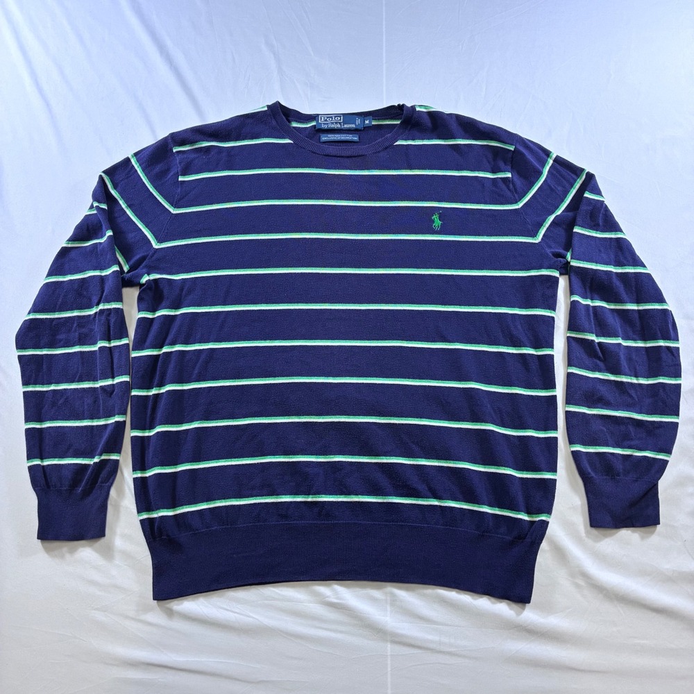 Polo Ralph Lauren Mens Navy Blue Striped Pima‎ Cotton Crewneck Sweater Size M
